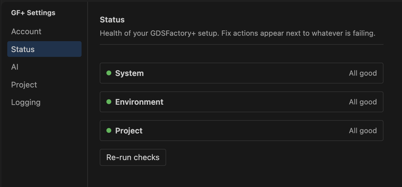 GDSFactory+ settings page showing system, environment, and project health
